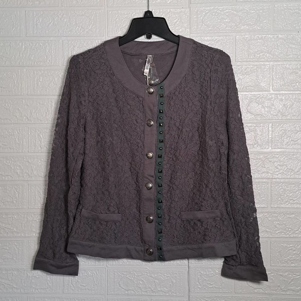 MonoReno Lace Overlay Cardigan Sweater Medium Grey